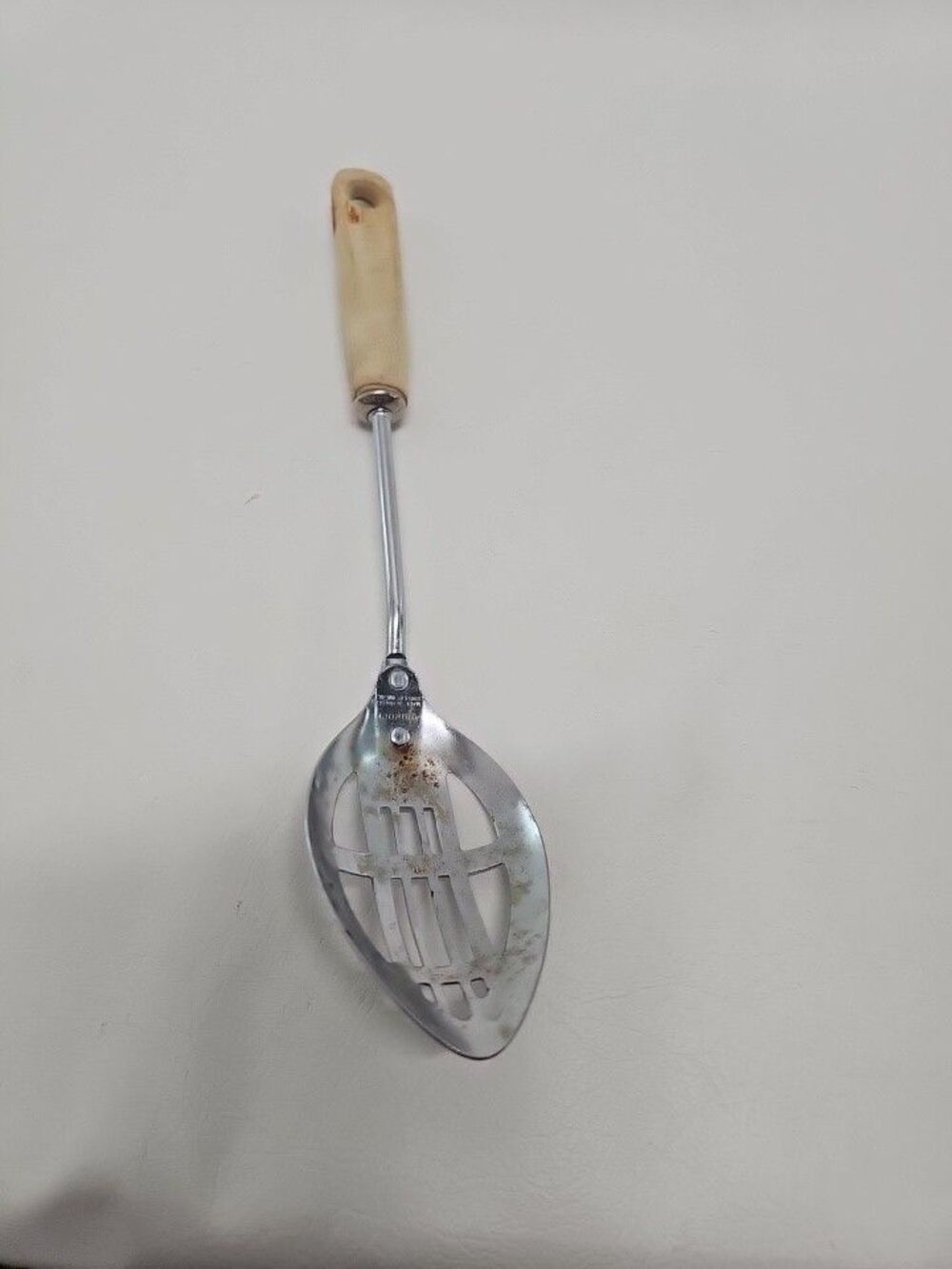 Vintage Androck Slotted Spoon USA Chrome Wood Handle Kitchen Utensil